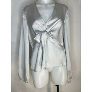 Guess Bow Tie Front Top  Moon Dust Long Sleeve Blouse Shirt Silver S M X XL